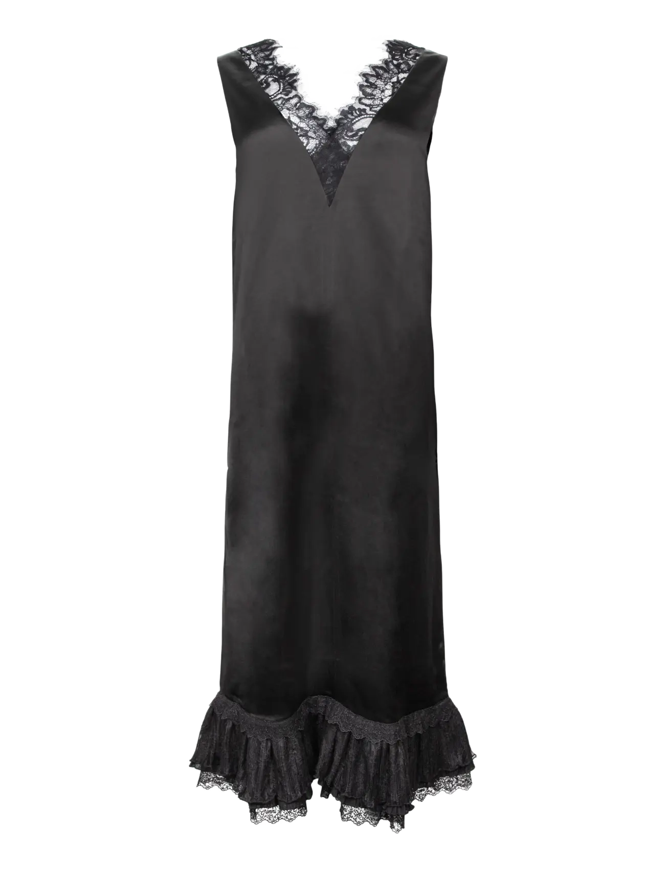 Ganni Fluid Satin V-Neck Lace Frill Long Dress - Kleider - BLACK / black