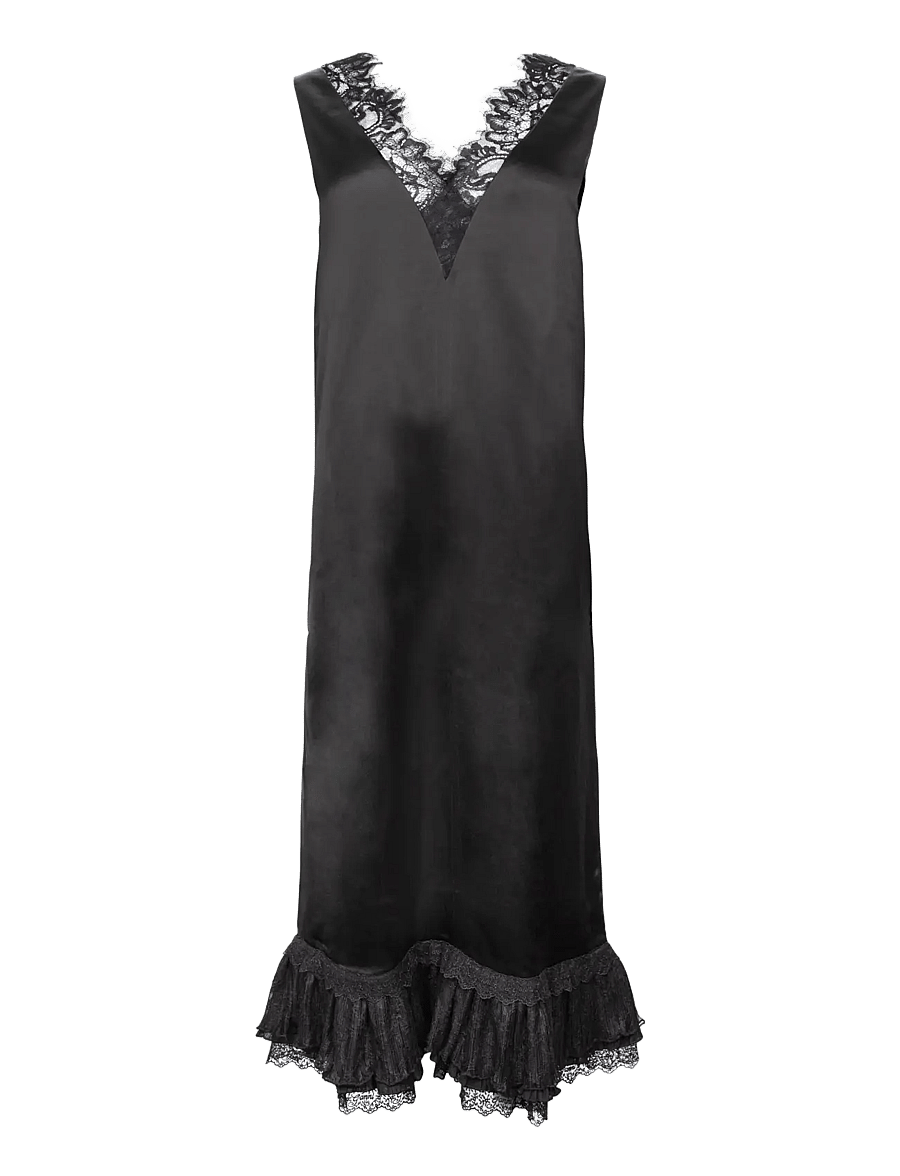 Ganni - Fluid Satin V-Neck Lace Frill Long Dress - spitzenkleider - black - 0