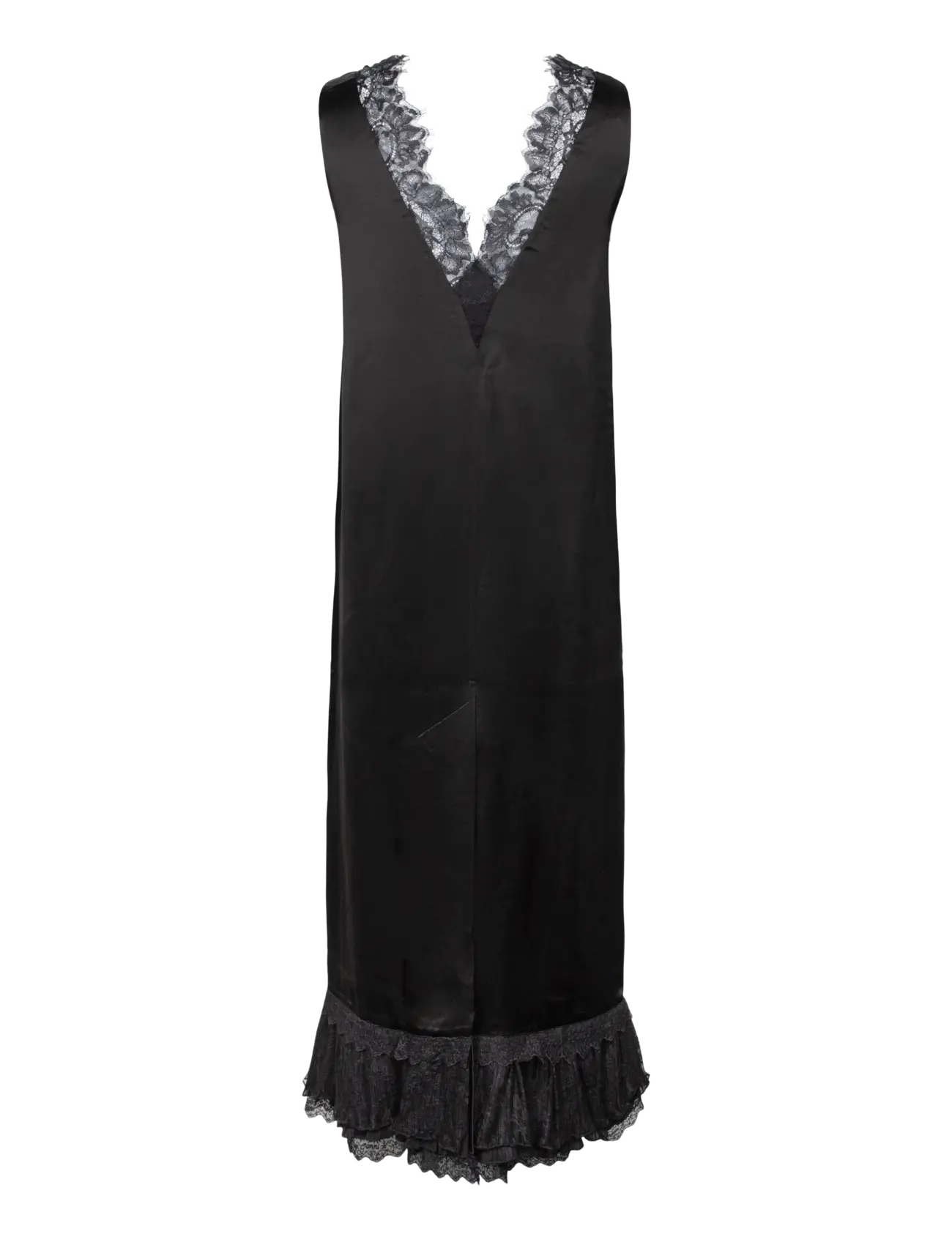 Ganni - Fluid Satin V-Neck Lace Frill Long Dress - spitzenkleider - black - 1