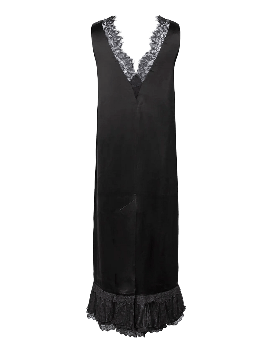 Ganni - Fluid Satin V-Neck Lace Frill Long Dress - spitzenkleider - black - 1