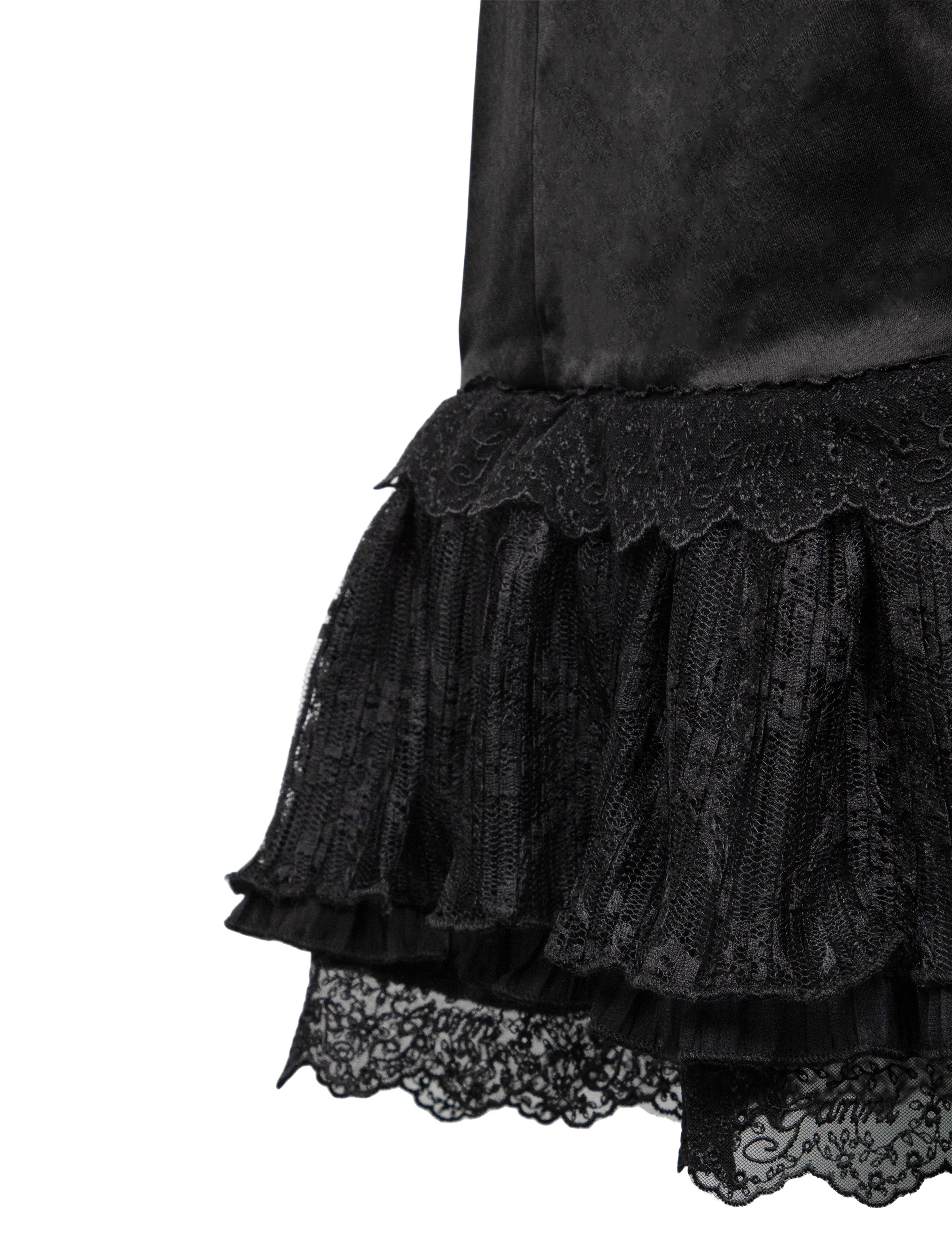Ganni - Fluid Satin V-Neck Lace Frill Long Dress - spitzenkleider - black - 2