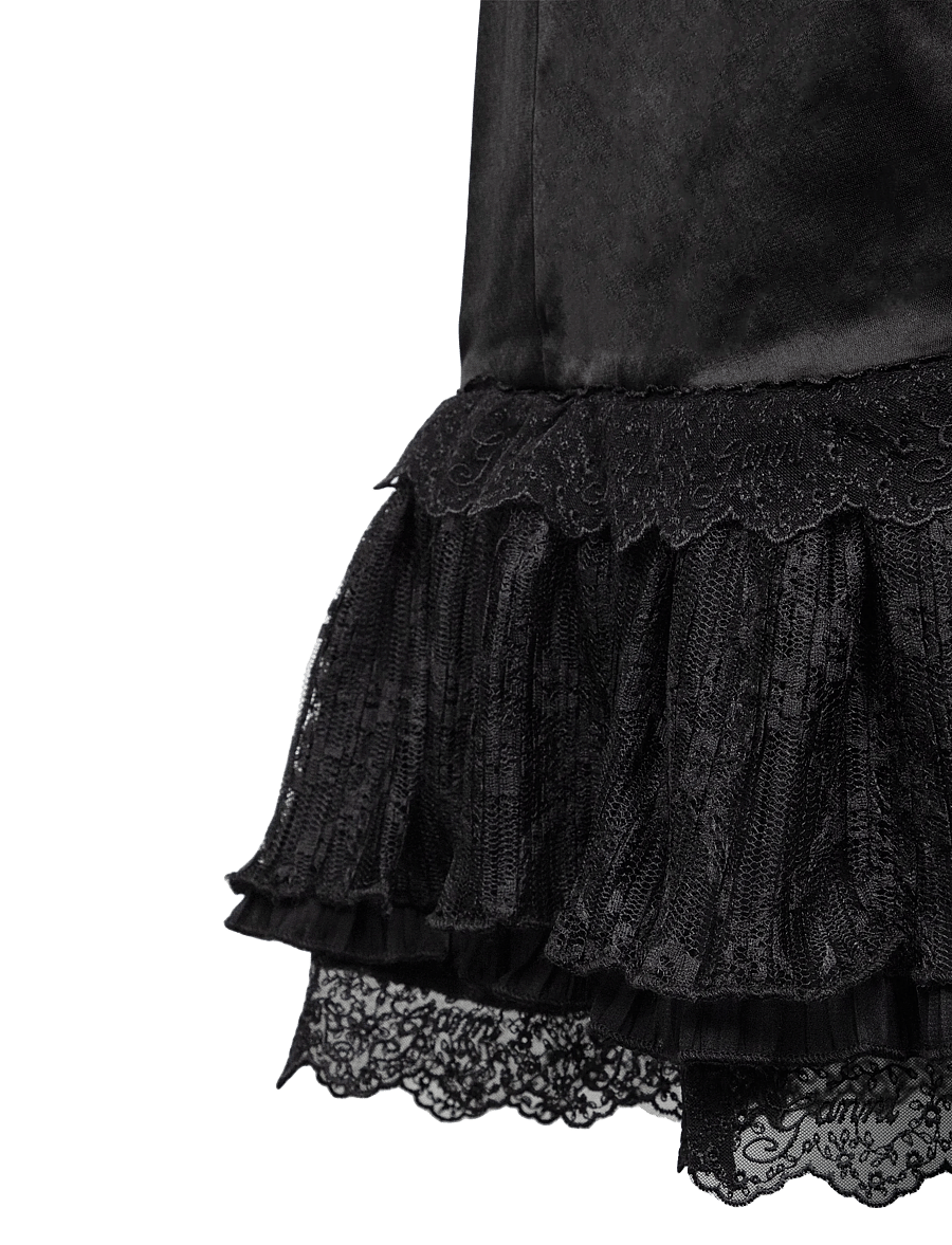 Ganni - Fluid Satin V-Neck Lace Frill Long Dress - spitzenkleider - black - 2