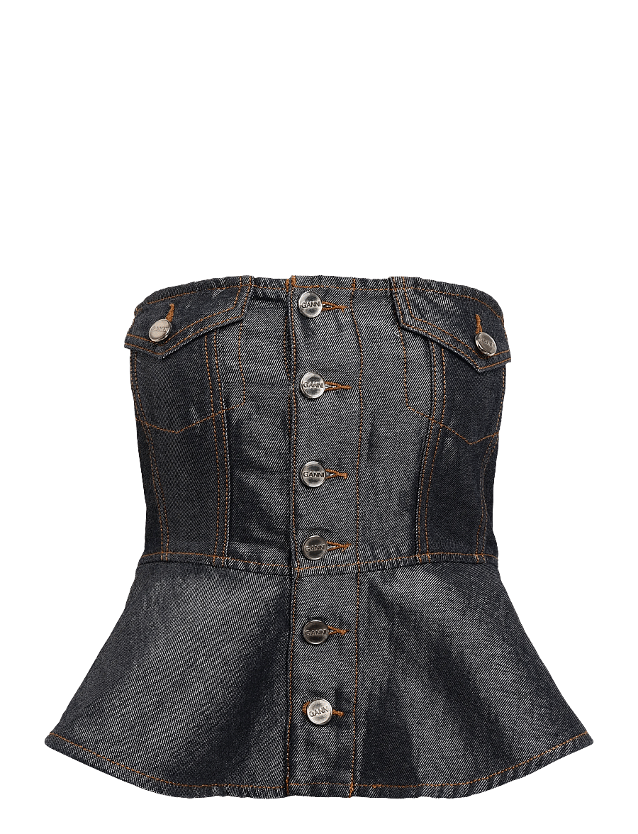 Ganni - button denim top - crop tops - grey - 0