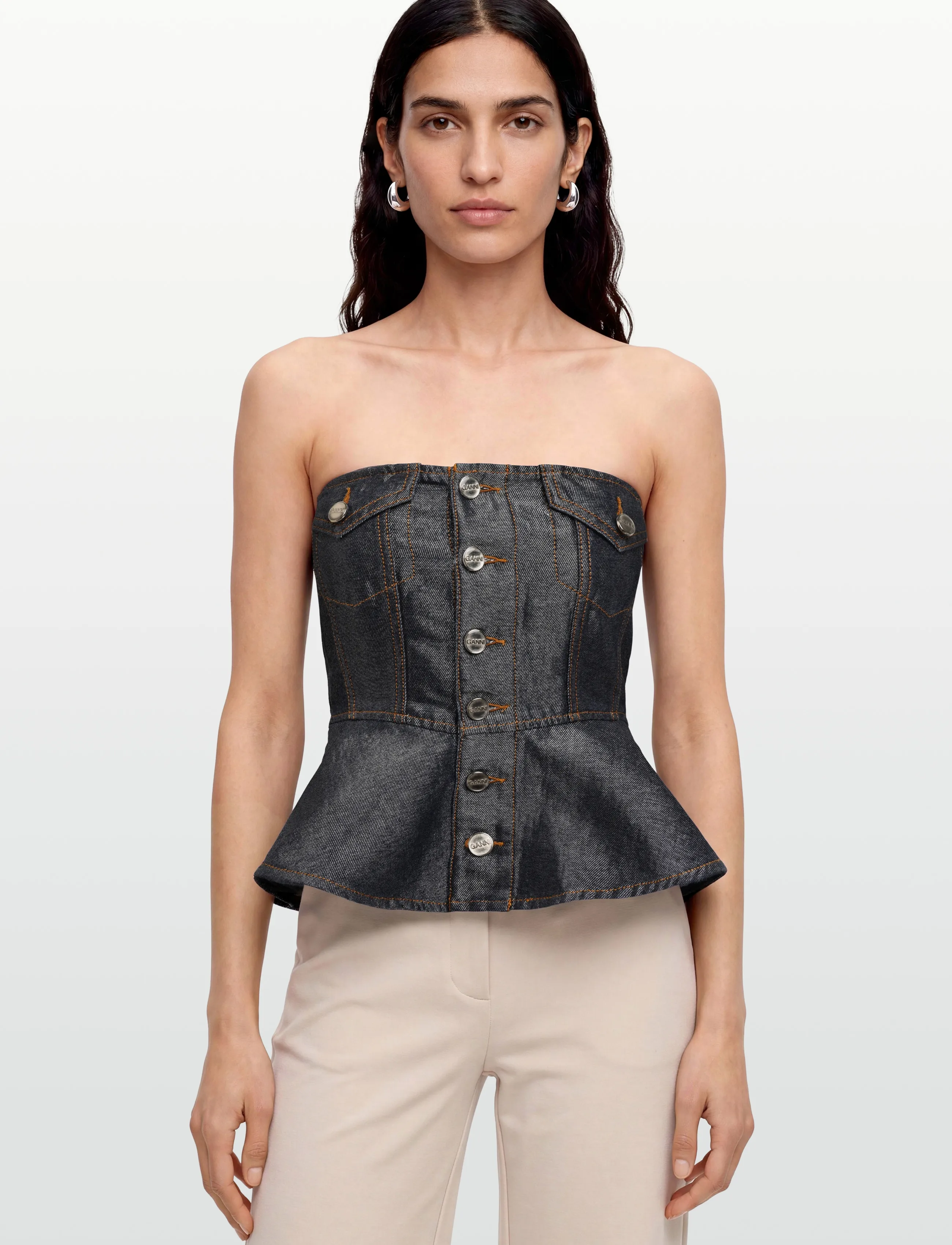 Ganni - button denim top - lühikesed topid - grey - 3