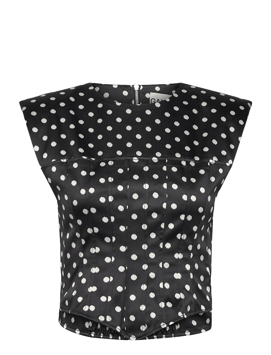 Ganni - Polka-Dot Satin Corset Top - lühikesed topid - black - 0