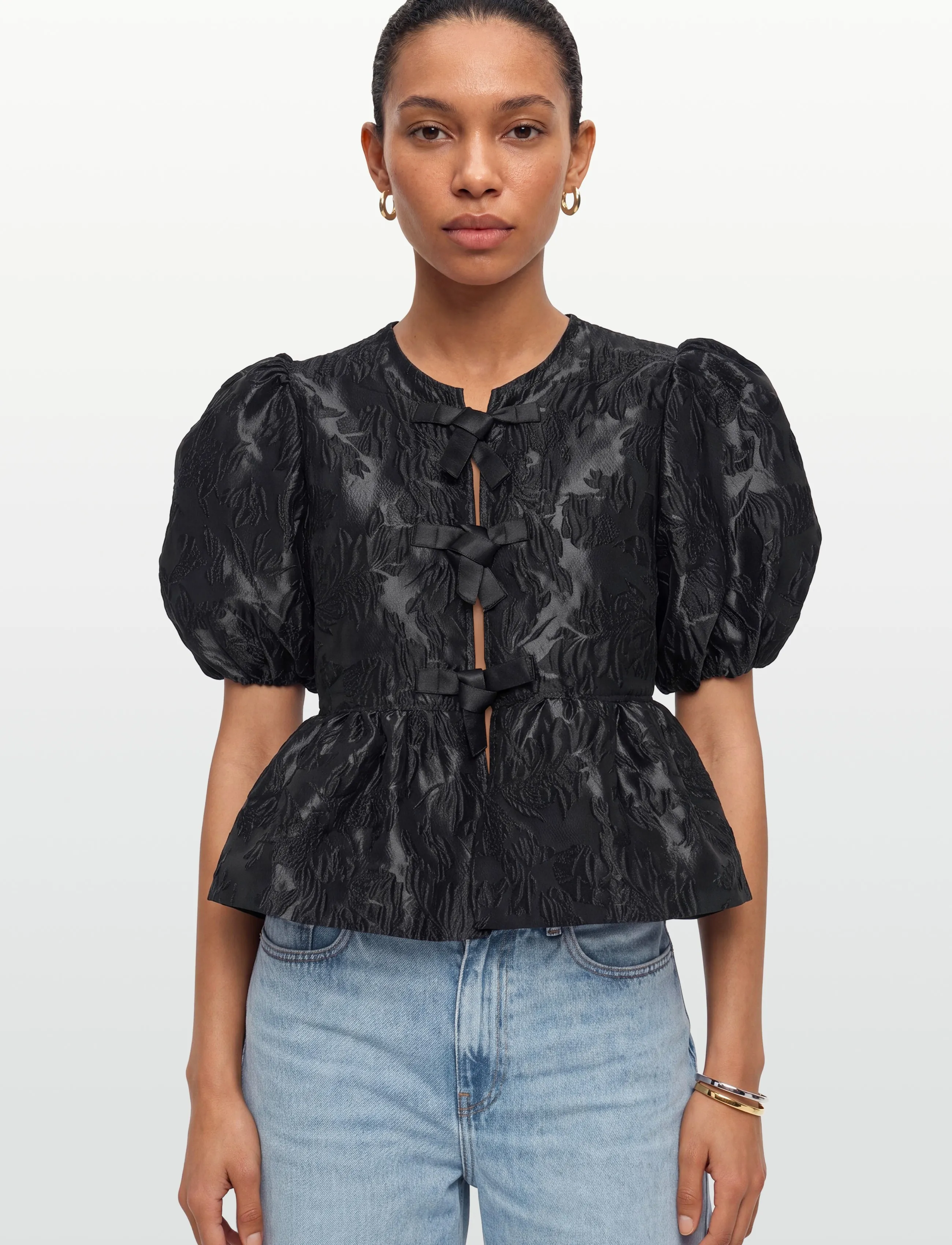 Ganni - Polka-Dot Satin Corset Top - kurzärmelige blusen - black - 3