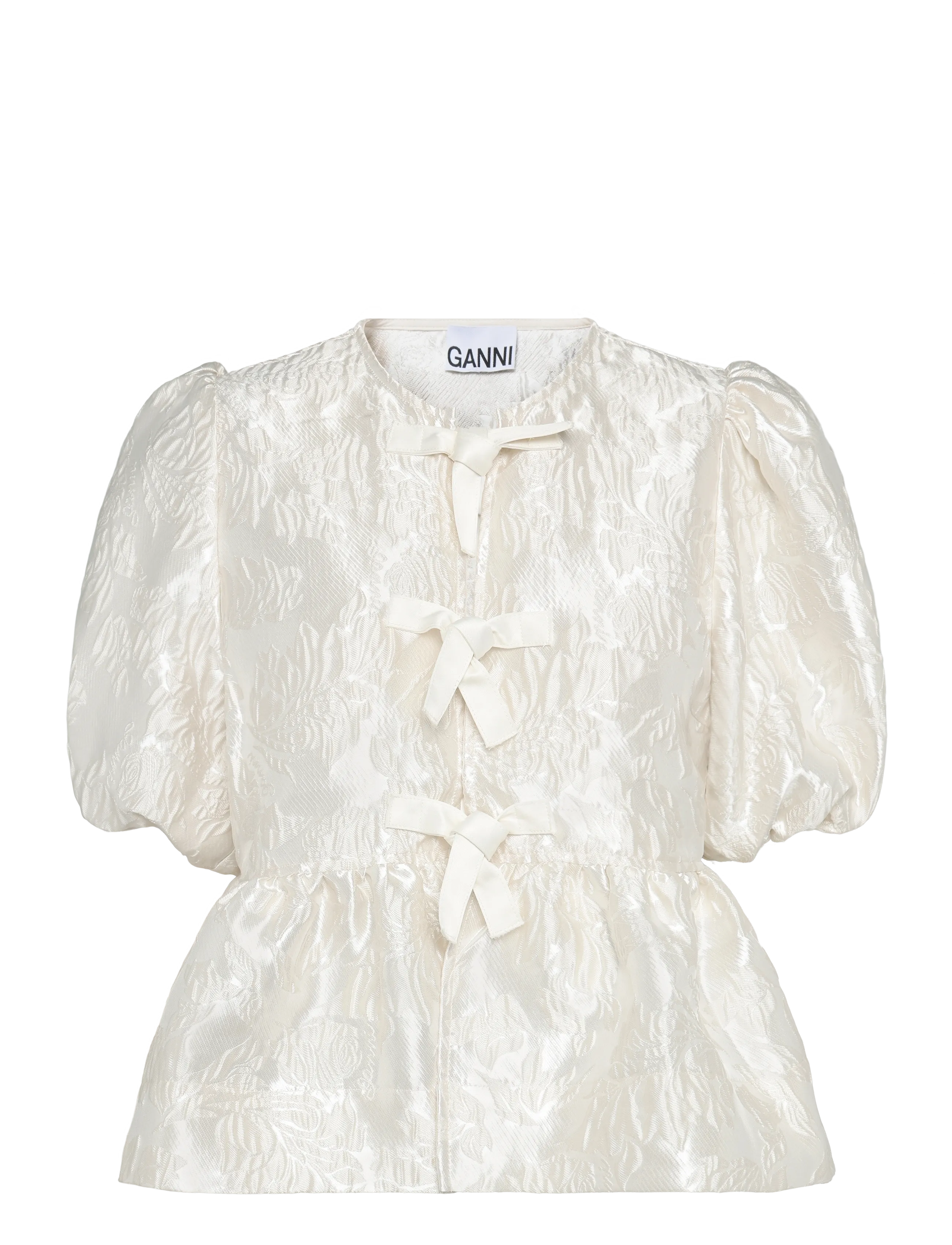 Ganni - Satin Peplum Tie Blouse - kurzärmelige blusen - white - 1