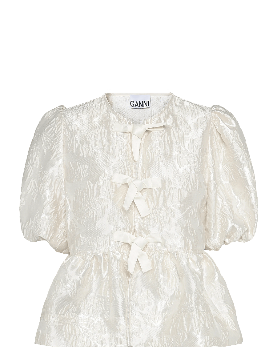 Ganni - Satin Peplum Tie Blouse - kurzärmelige blusen - white - 1