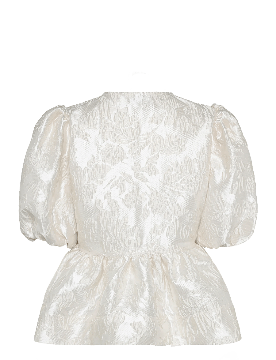 Ganni - Satin Peplum Tie Blouse - kurzärmelige blusen - white - 2