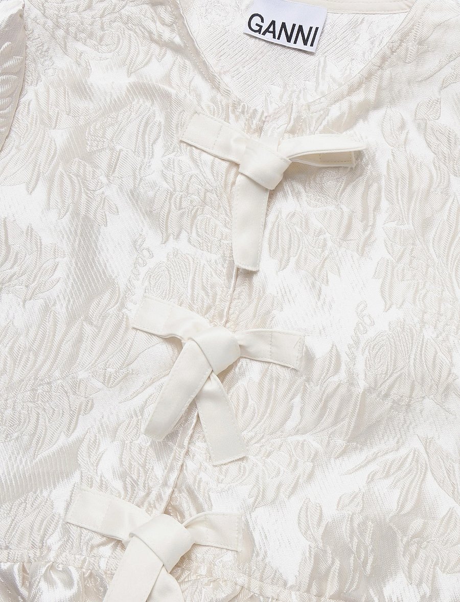 Ganni - Satin Peplum Tie Blouse - kurzärmelige blusen - white - 5