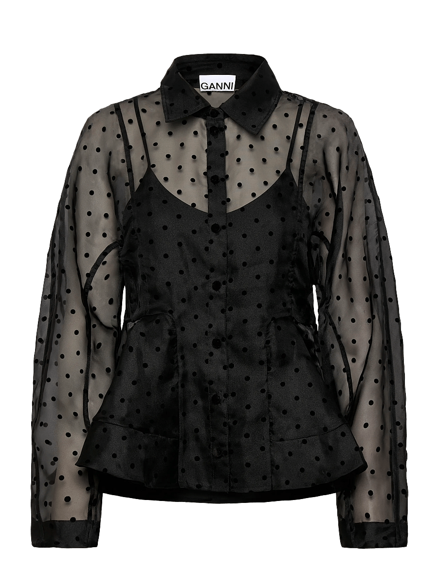 Ganni - Black Ruched Top - langärmlige hemden - black - 0