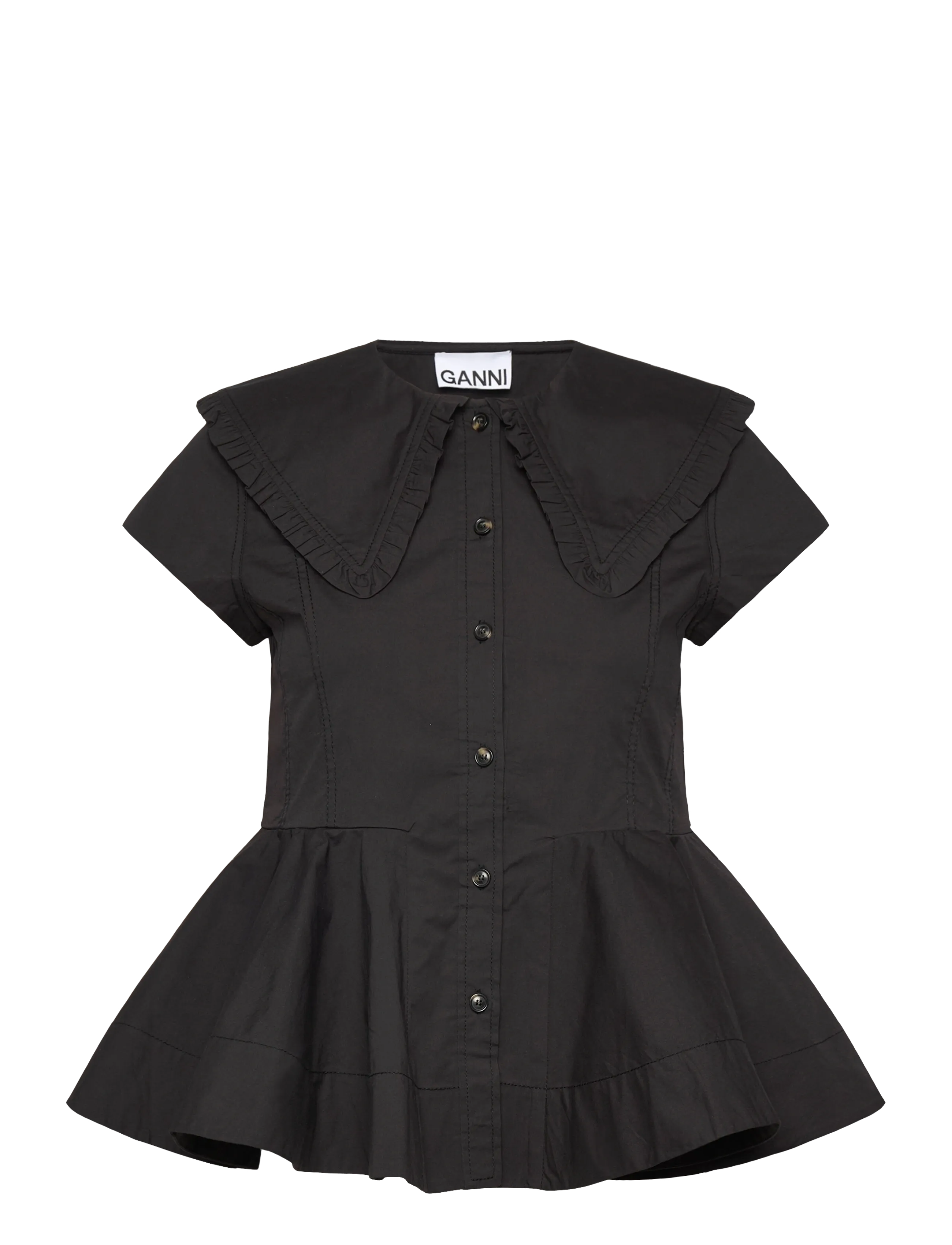 Ganni Stretch Cotton Peter Pan Collar Shirt, Kvinder, Peter Pan Krave Skjorte, Sort, Str: 38
