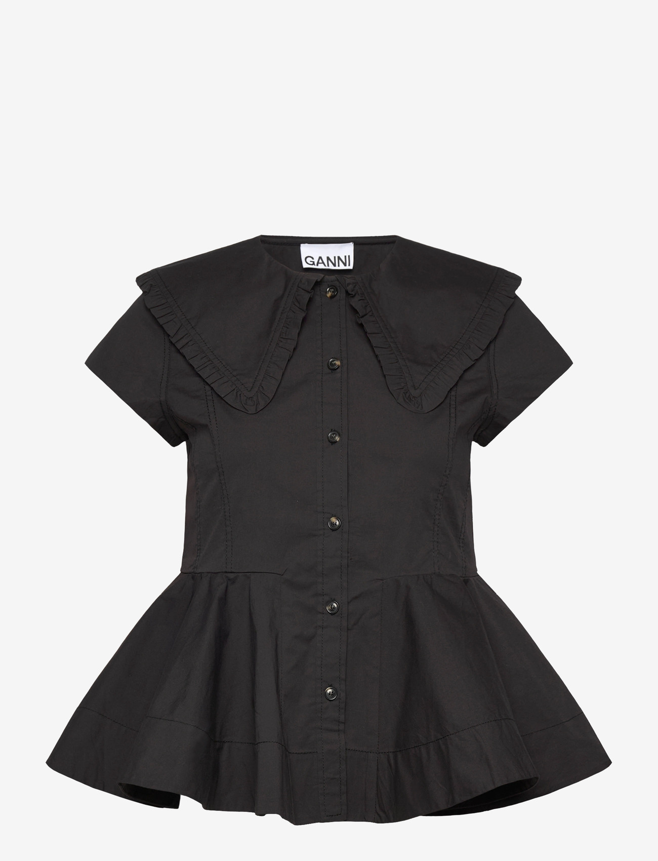 Ganni - Stretch Cotton Peter Pan Collar Shirt - kortærmede skjorter - black - 0