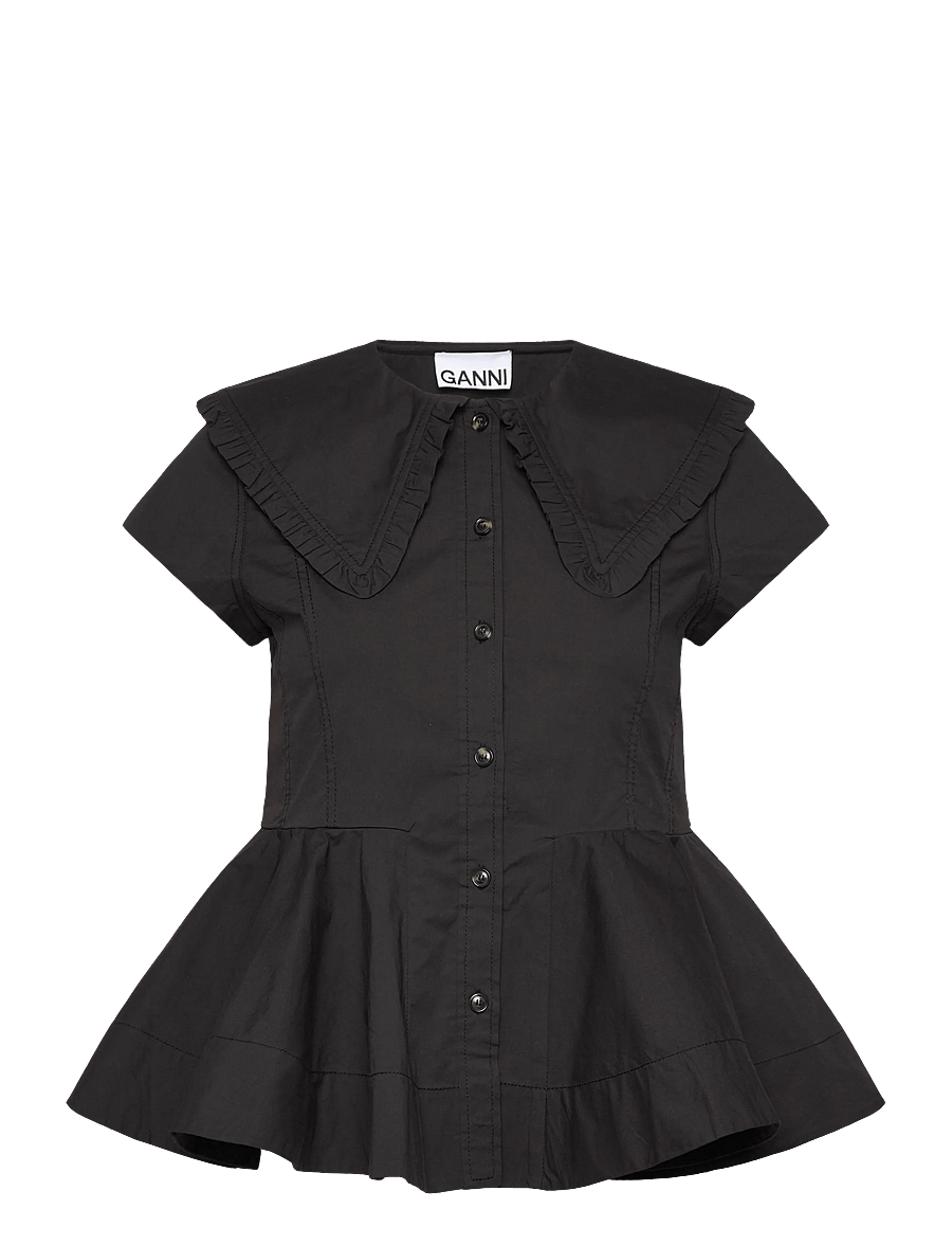 Ganni - Stretch Cotton Peter Pan Collar Shirt - kurzärmlige hemden - black - 0