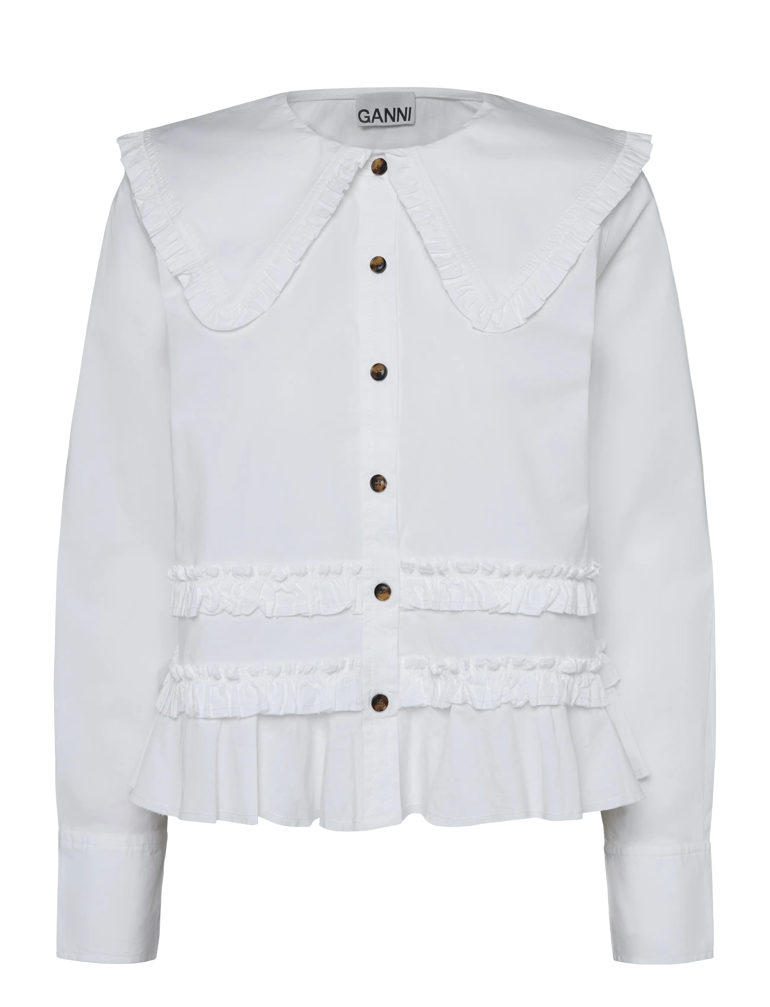 Ganni Stretch Cotton Ruffle Shirt - Hemden - WHITE / white