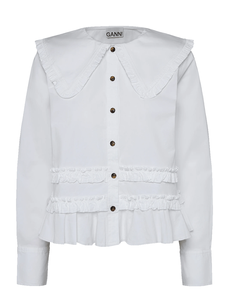 Ganni - Stretch Cotton Ruffle Shirt - langärmlige hemden - white - 0