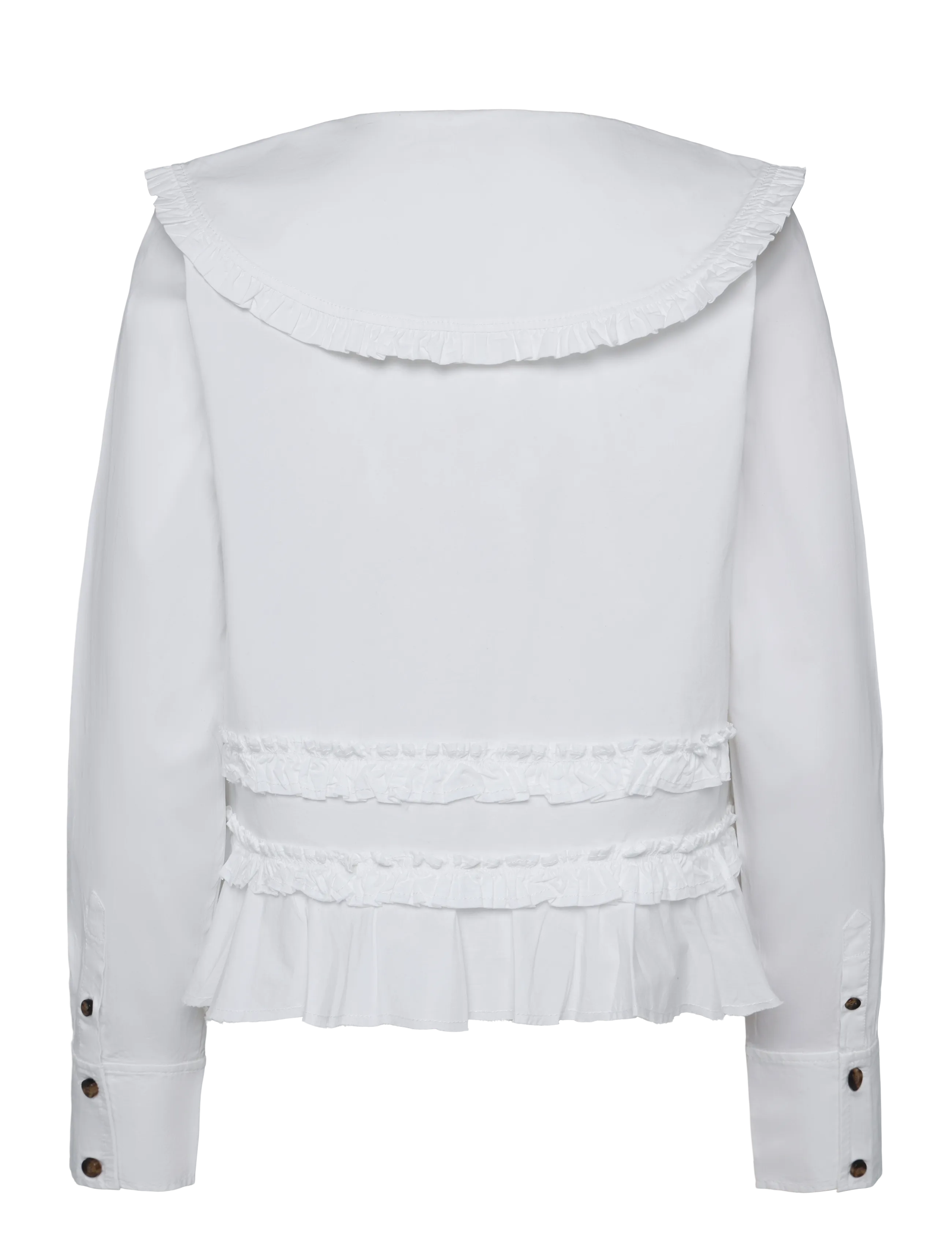Ganni - Stretch Cotton Ruffle Shirt - langärmlige hemden - white - 1