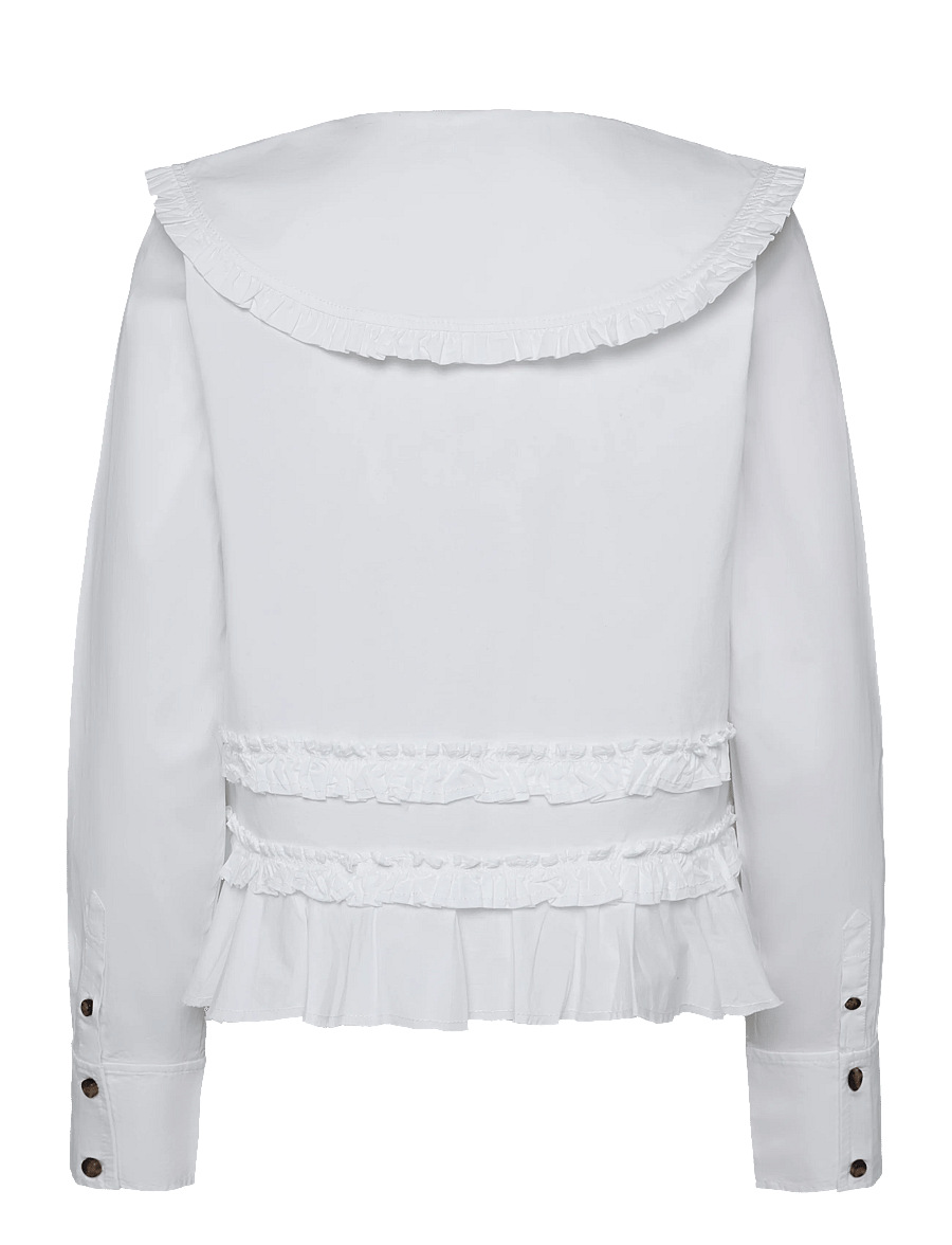 Ganni - Stretch Cotton Ruffle Shirt - langärmlige hemden - white - 1