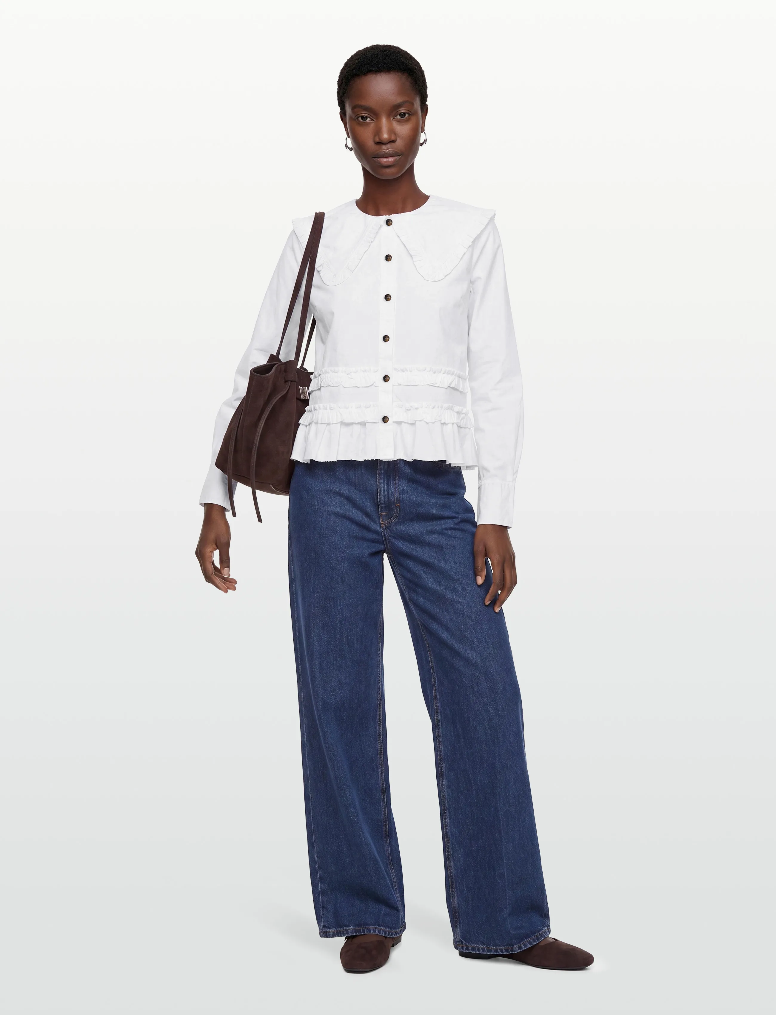 Ganni Stretch Cotton Ruffle Shirt - GANNI - WHITE / white