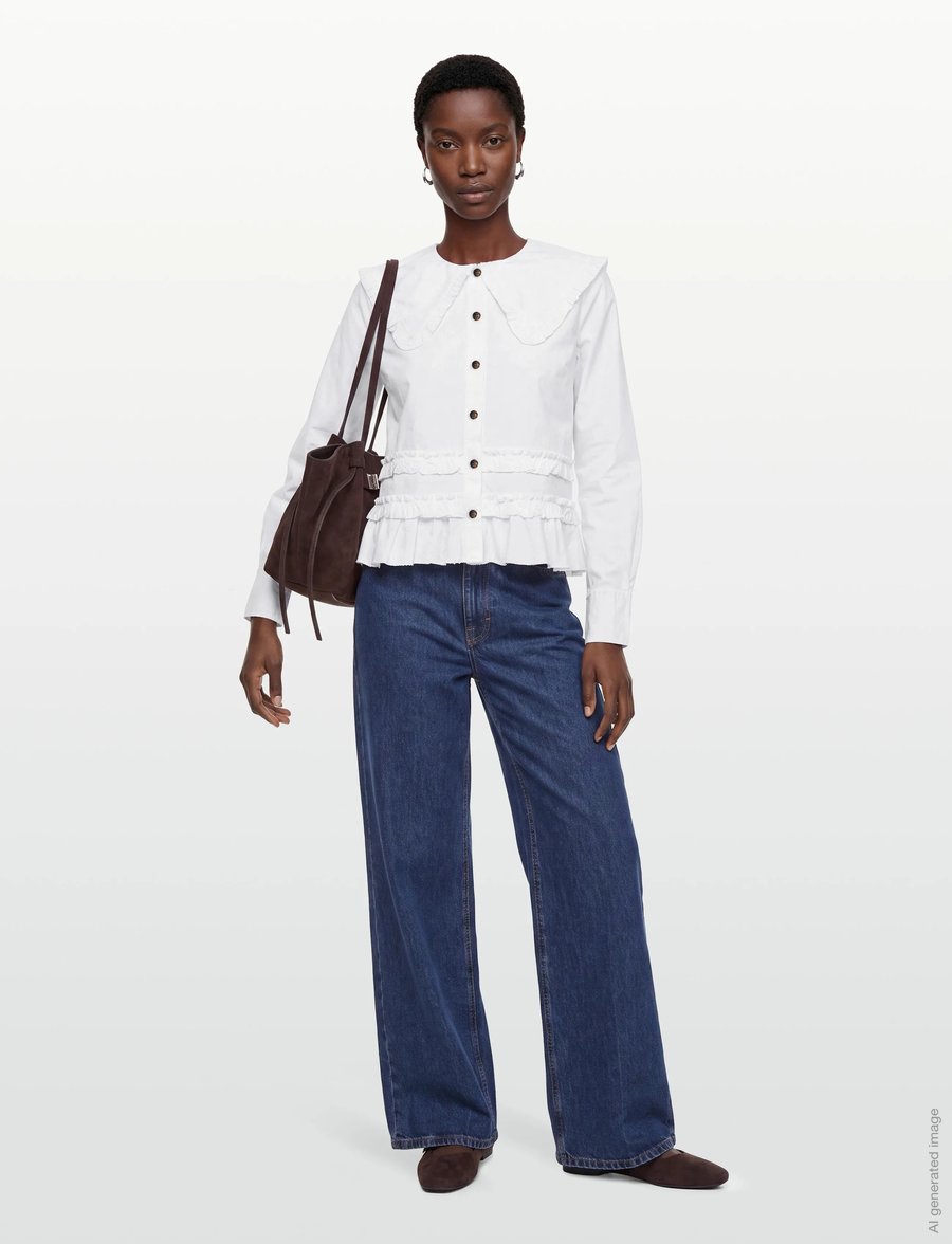 Ganni - Stretch Cotton Ruffle Shirt - long-sleeved shirts - white - 0