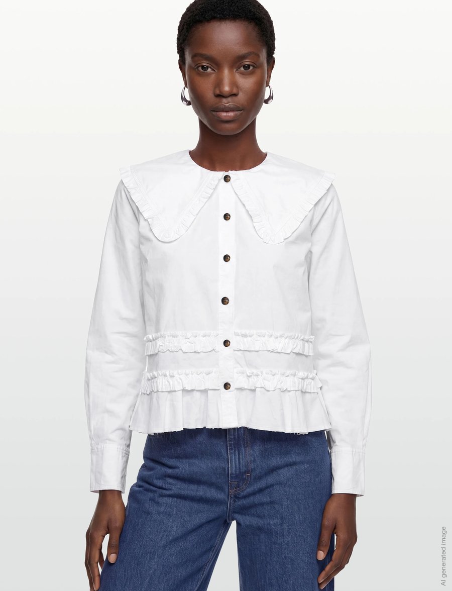 Ganni - Stretch Cotton Ruffle Shirt - long-sleeved shirts - white - 4
