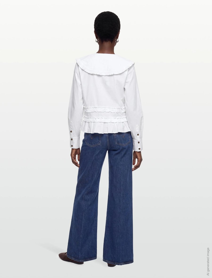 Ganni - Stretch Cotton Ruffle Shirt - long-sleeved shirts - white - 5