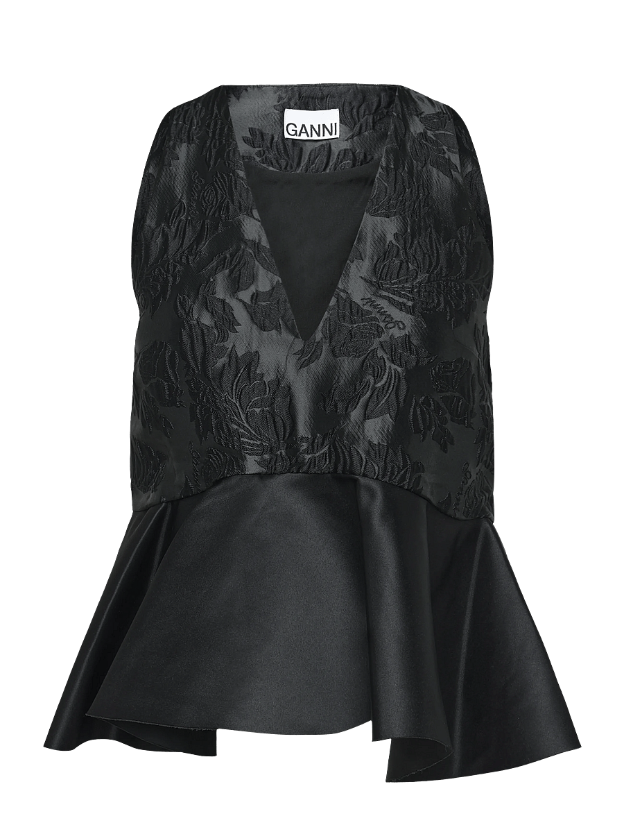 Ganni - Satin Cloque Peplum Top - Ärmellose blusen - black - 0