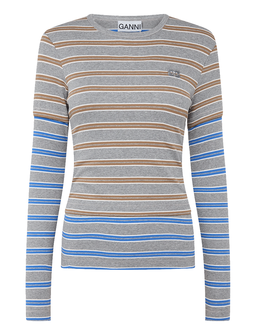 Ganni - Long-sleeve Top in Double Stripe - langärmlige tops - blue - 0