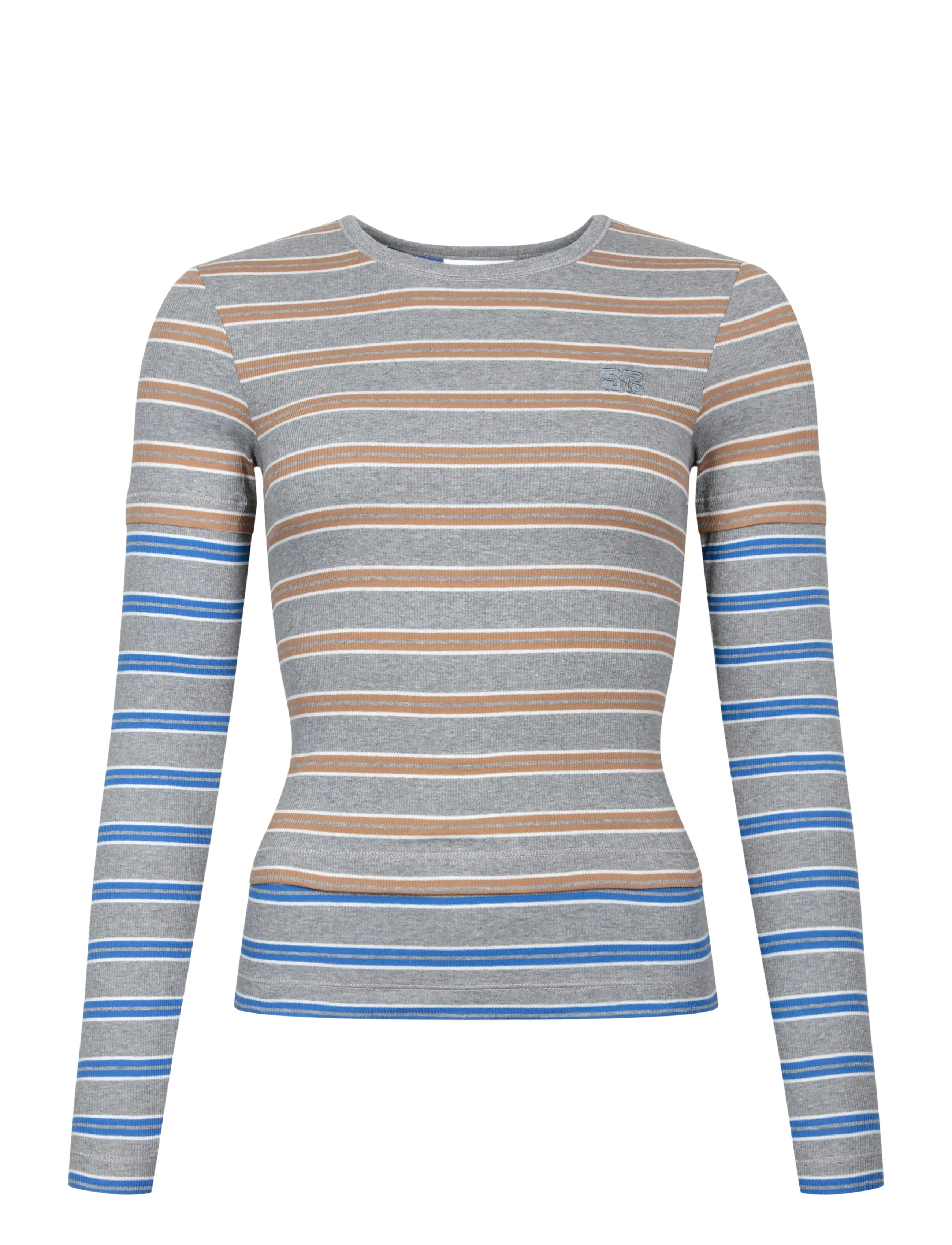 Ganni Long-sleeve Top in Double Stripe - Langärmlige Tops - STRONG BLUE / grey
