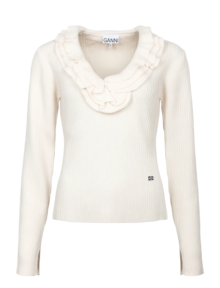 Ganni - Top in Ribbed Merino - langärmlige tops - egret - 0