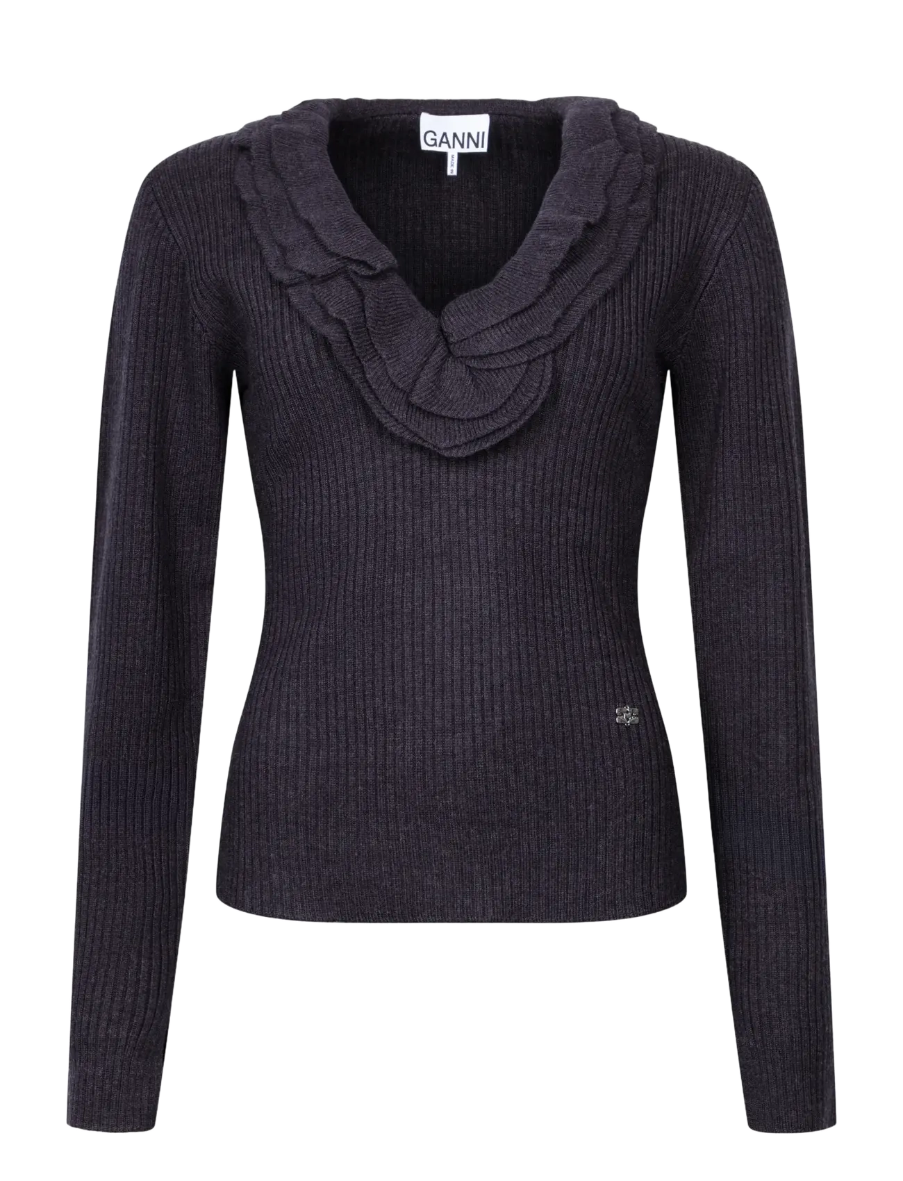 Ganni Top in Ribbed Merino - Langärmlige Tops - PHANTOM / grey