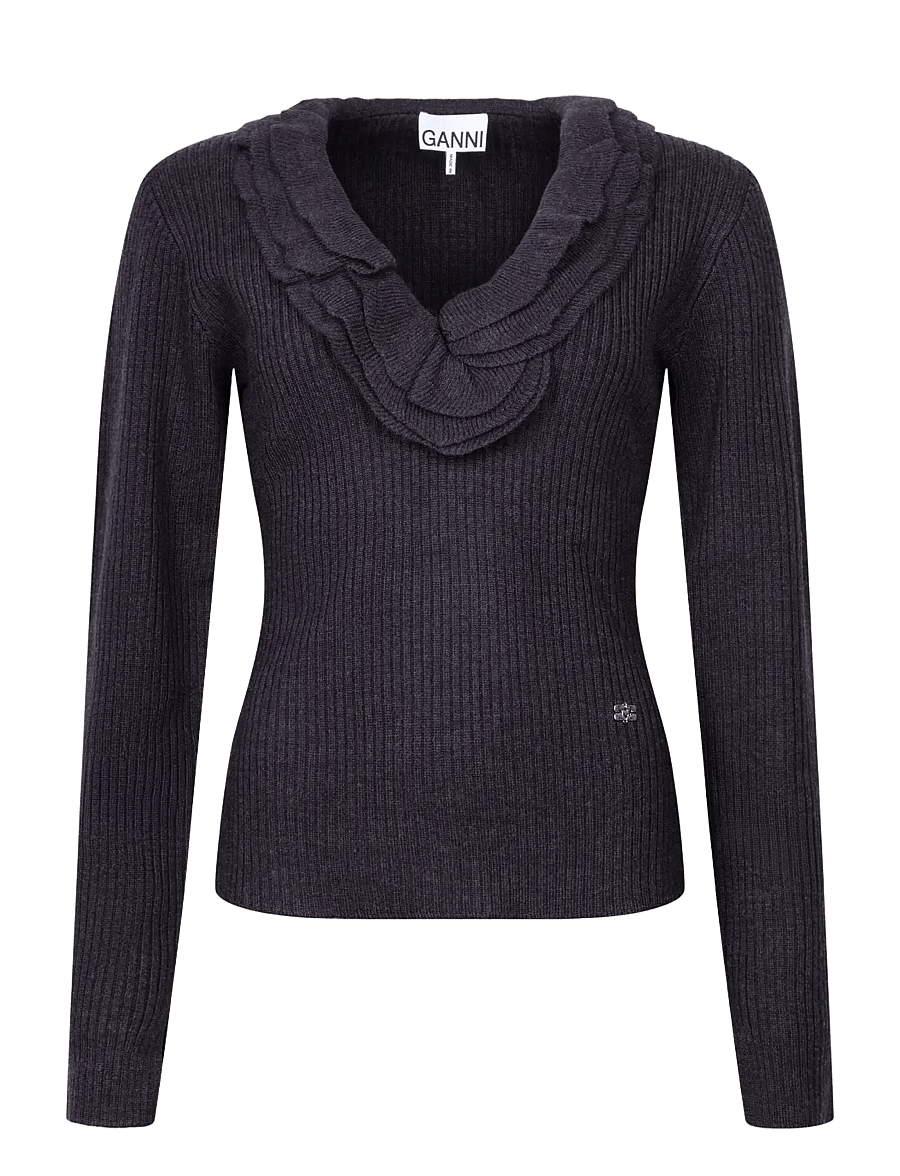 Ganni - Top in Ribbed Merino - langärmlige tops - phantom - 0