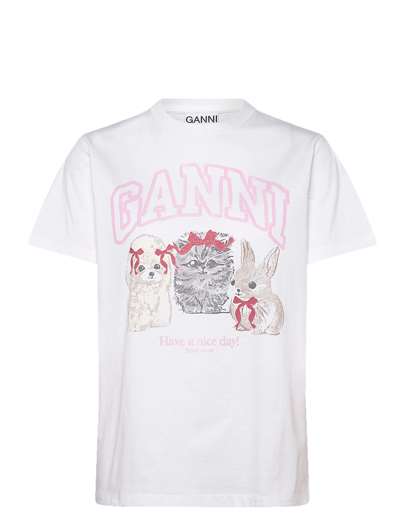Ganni - Cute Animals Cotton Jersey T-Shirt - marškinėliai - white - 0