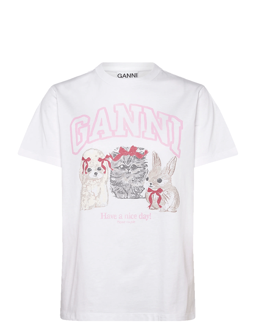 Ganni - Cute Animals Cotton Jersey T-Shirt - t-shirty - white - 0