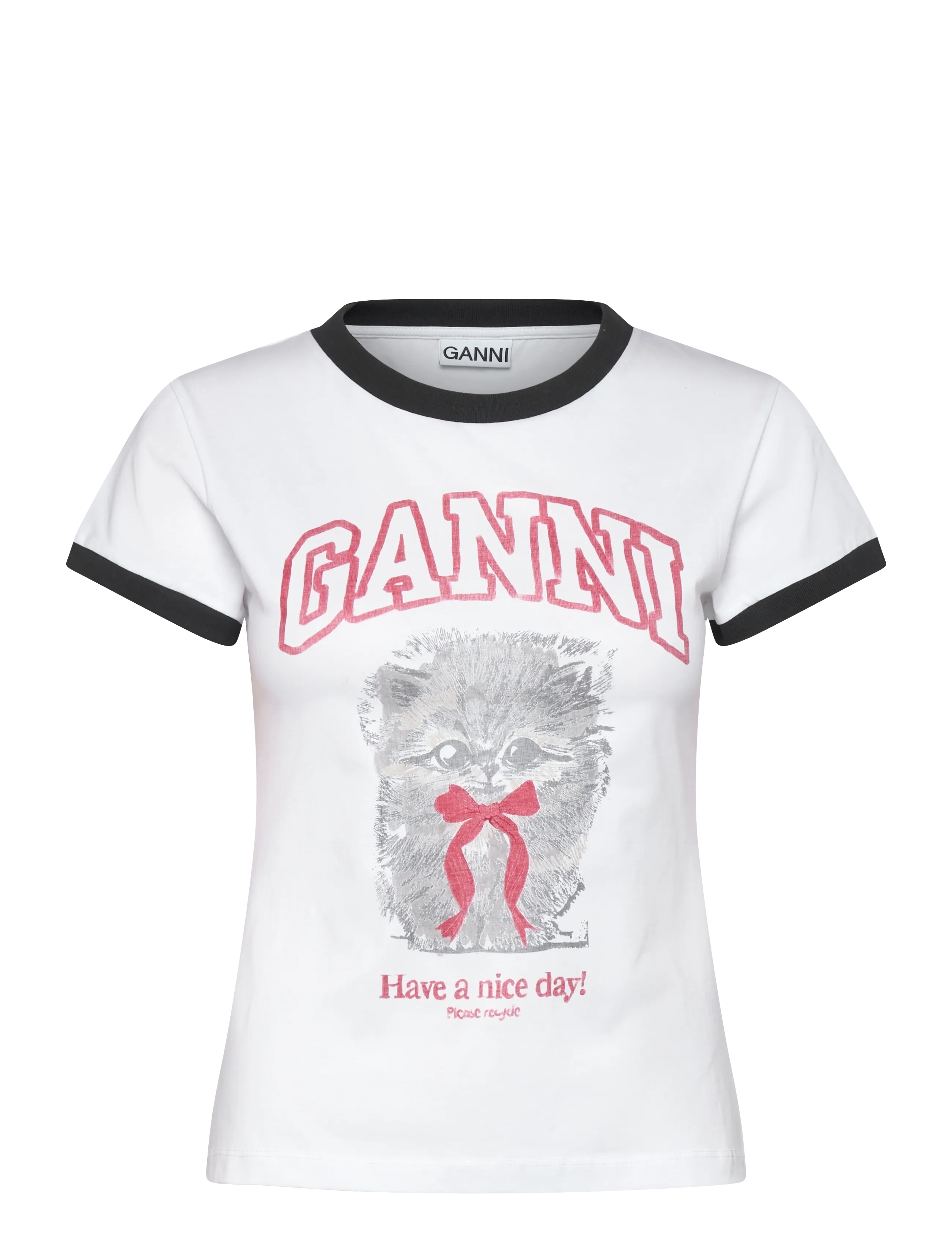 Ganni Basic Cotton Jersey Margot Kitty Print - Kleidung - WHITE / white