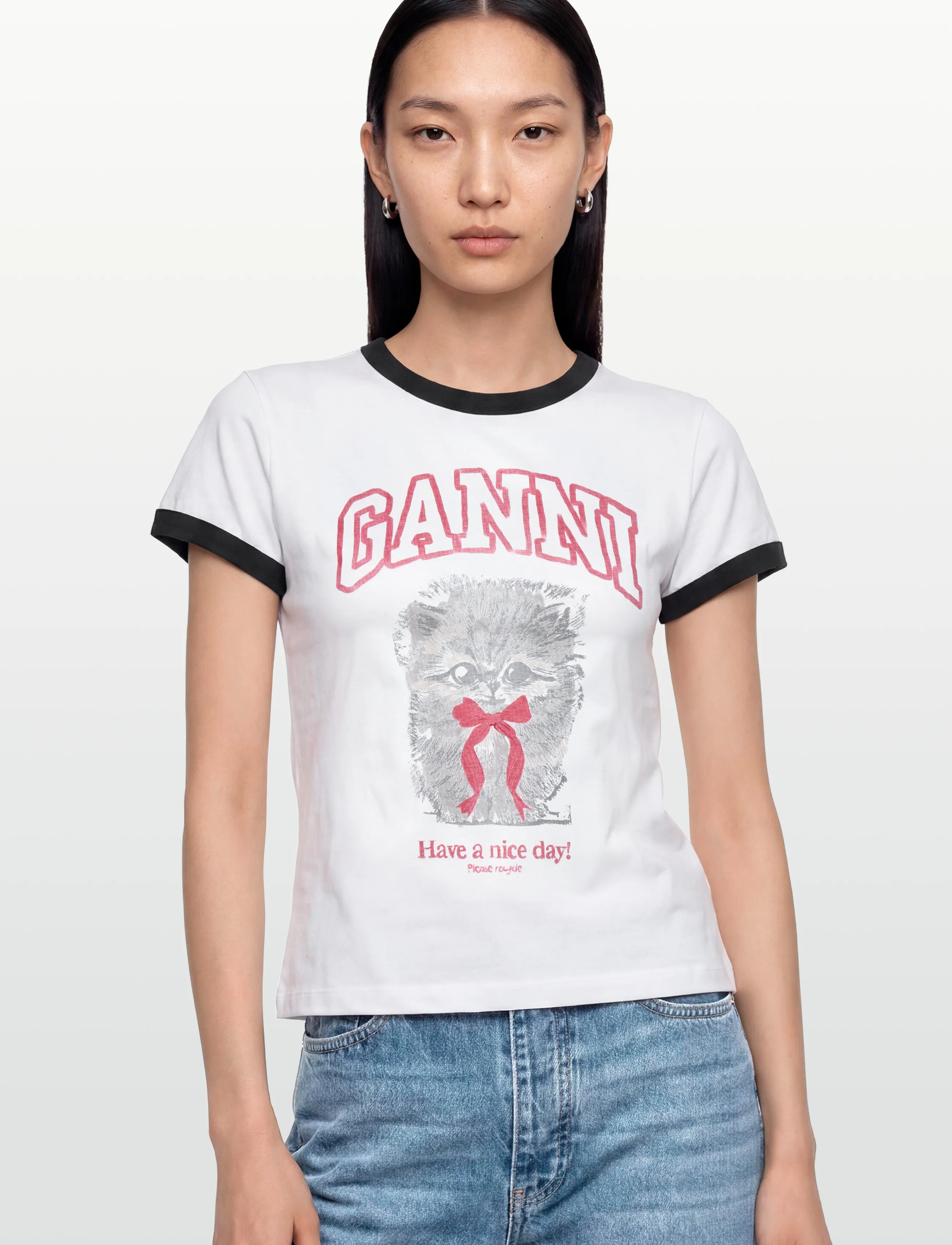 Ganni - Basic Cotton Jersey Margot Kitty Print - t-shirts - white - 3