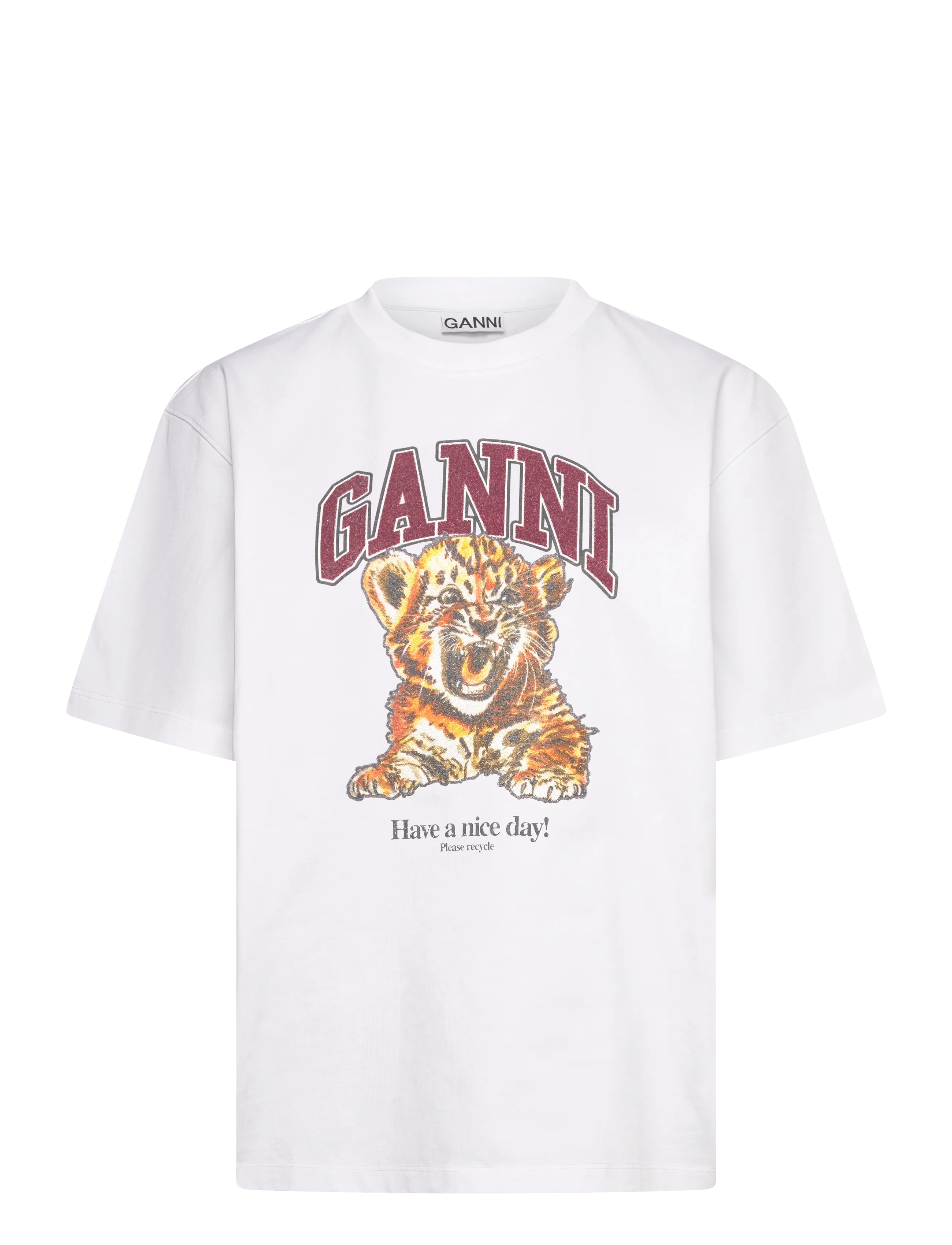 Ganni Bright White White Beaded Tiger T-Shirt, Kvinder, Tiger T-shirt, Hvid, Str: M