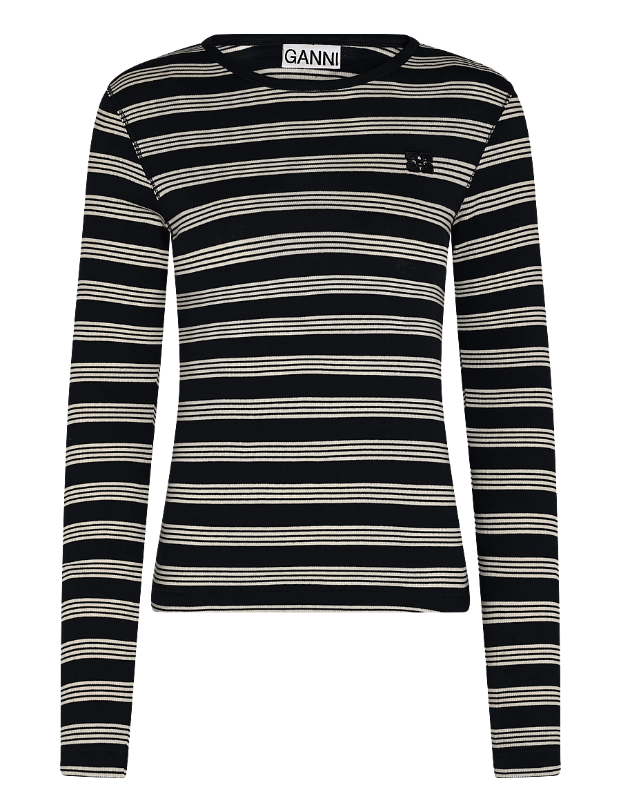 Ganni - Stripe Rib Long-Sleeve - langärmlige tops - blue - 0