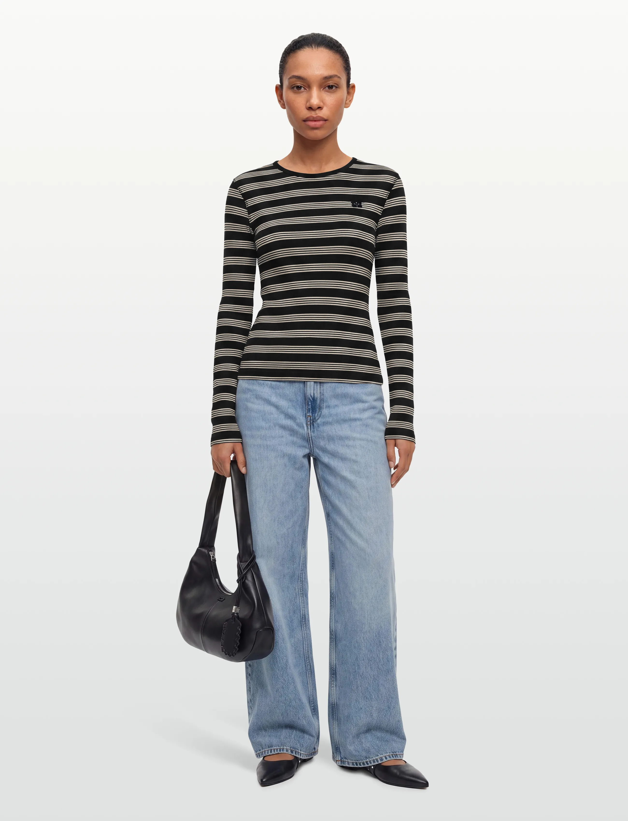 Ganni Stripe Rib Long-Sleeve, Kvinder, Stribet Ribbet Langærmet Top, Sort, Str: XXS