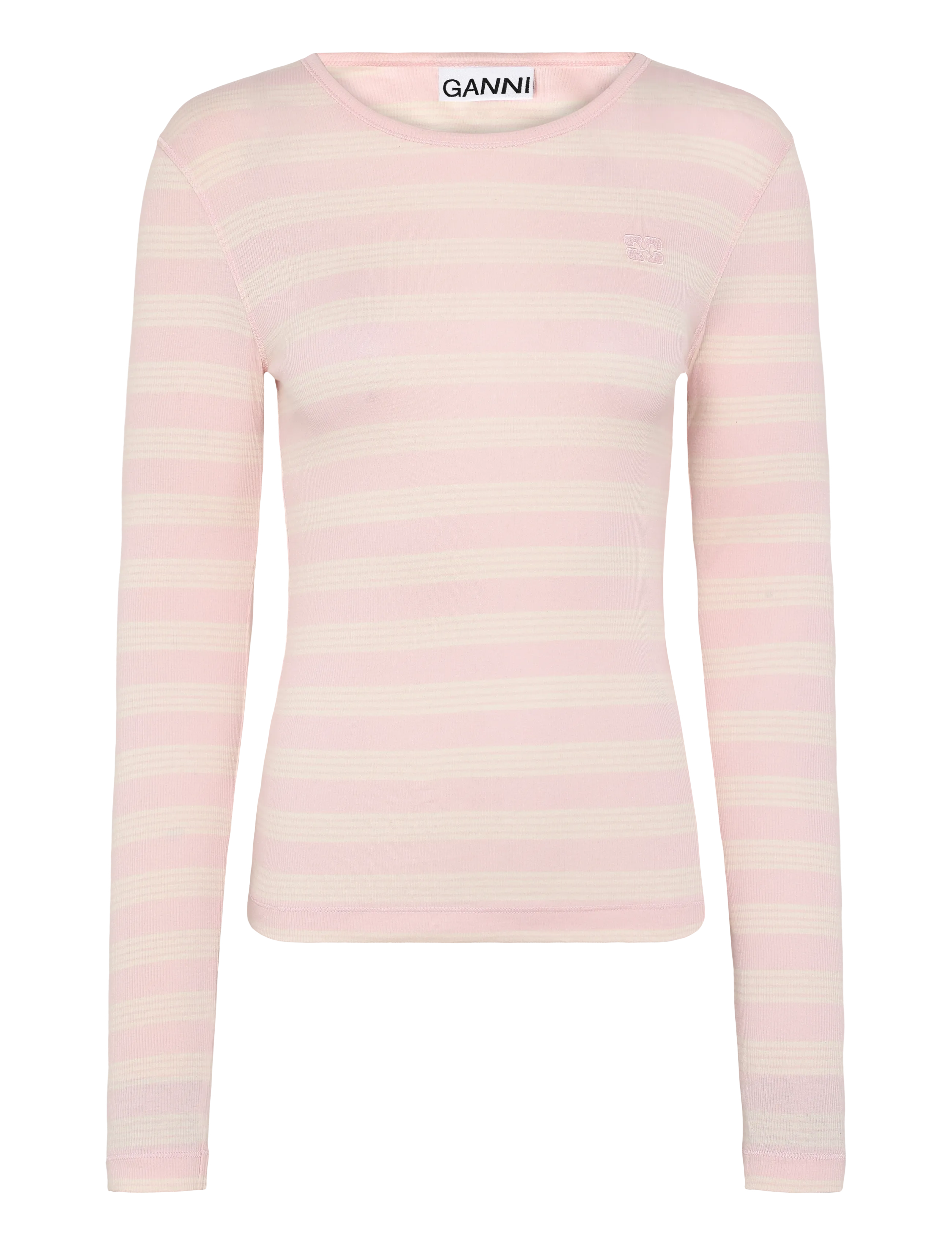 Ganni - Stripe Rib Long-Sleeve - langärmlige tops - pink - 1