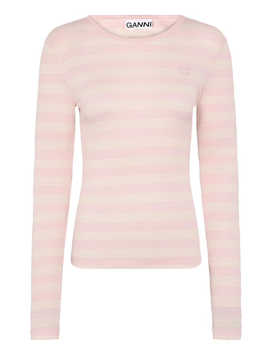 Ganni - Stripe Rib Long-Sleeve - langärmlige tops - pink - 1