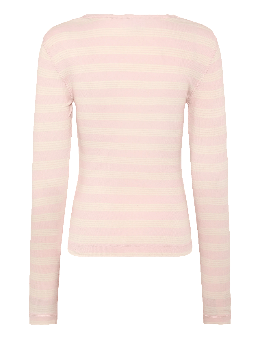 Ganni - Stripe Rib Long-Sleeve - langärmlige tops - pink - 2