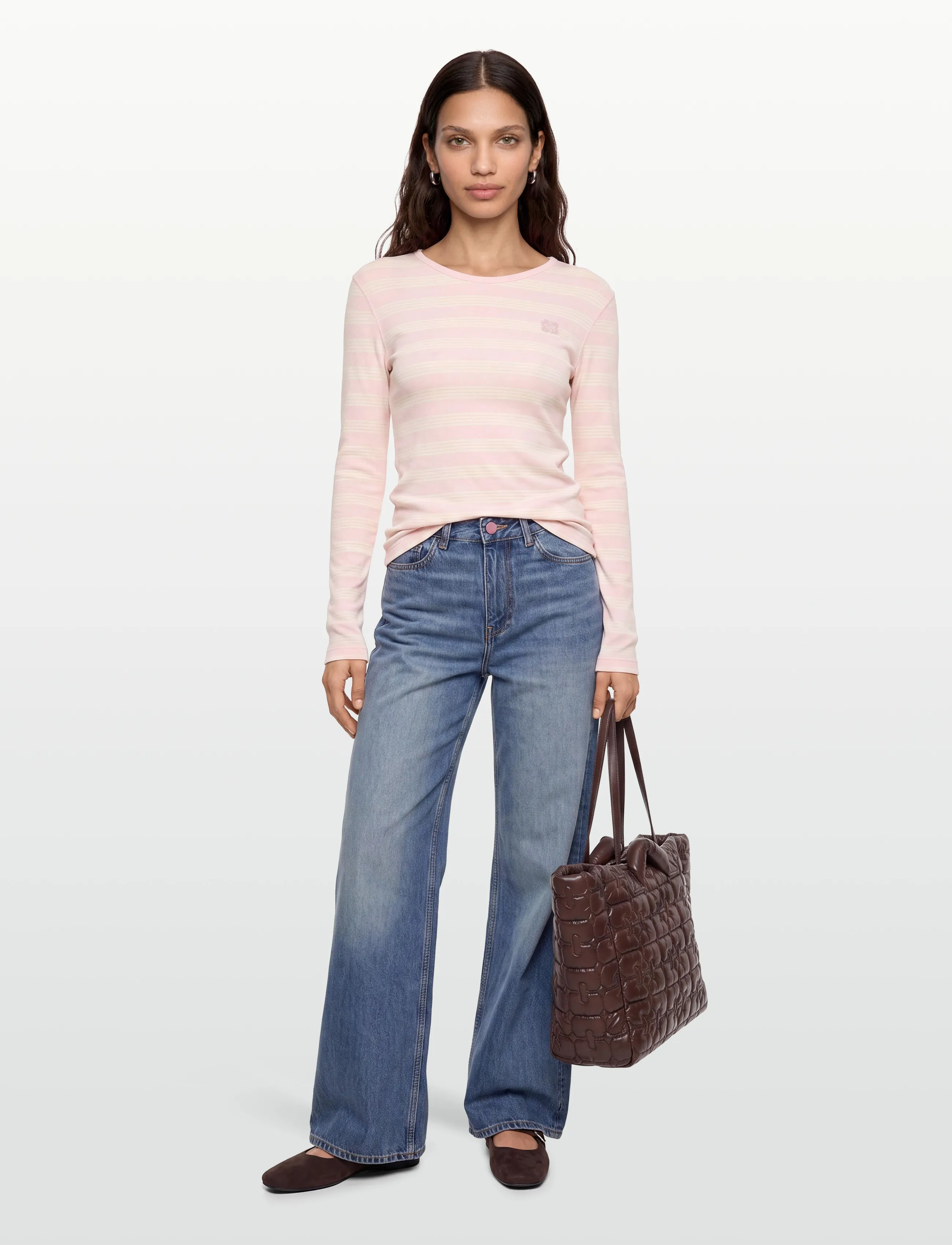 Ganni Stripe Rib Long-Sleeve - T-Shirts & Tops - PINK / pink/rose