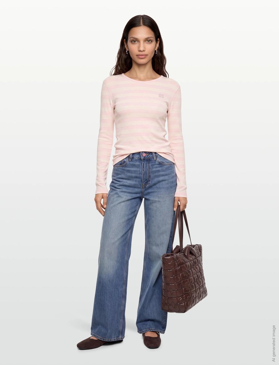Ganni - Stripe Rib Long-Sleeve - langärmlige tops - pink - 0
