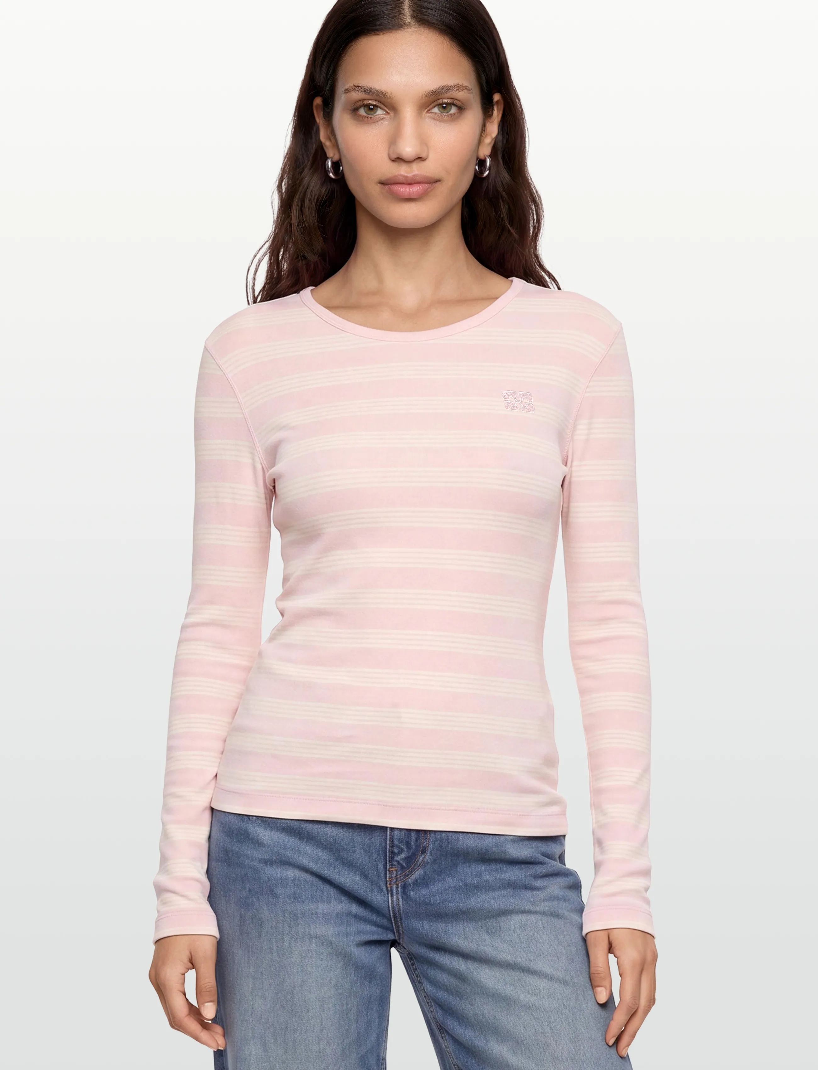 Ganni - Stripe Rib Long-Sleeve - langärmlige tops - pink - 3
