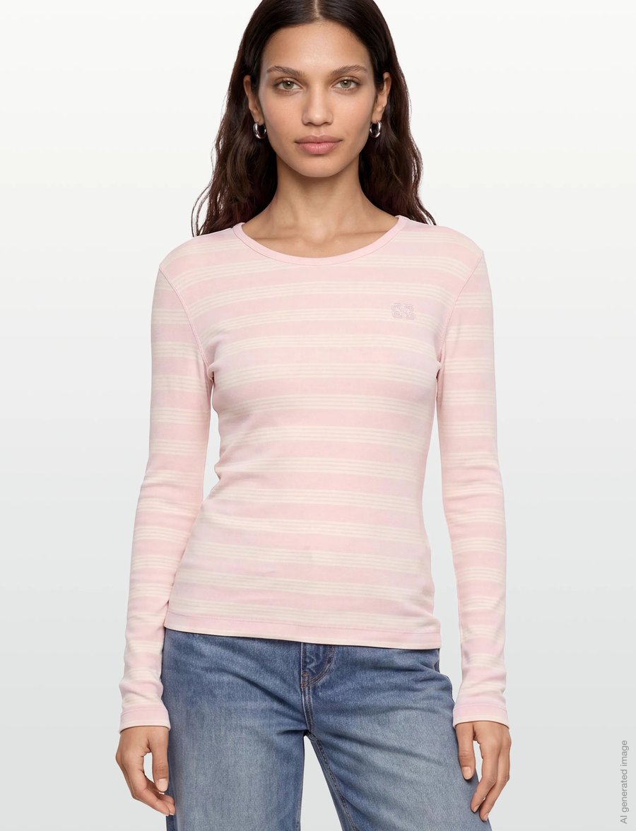 Ganni - Stripe Rib Long-Sleeve - langärmlige tops - pink - 3