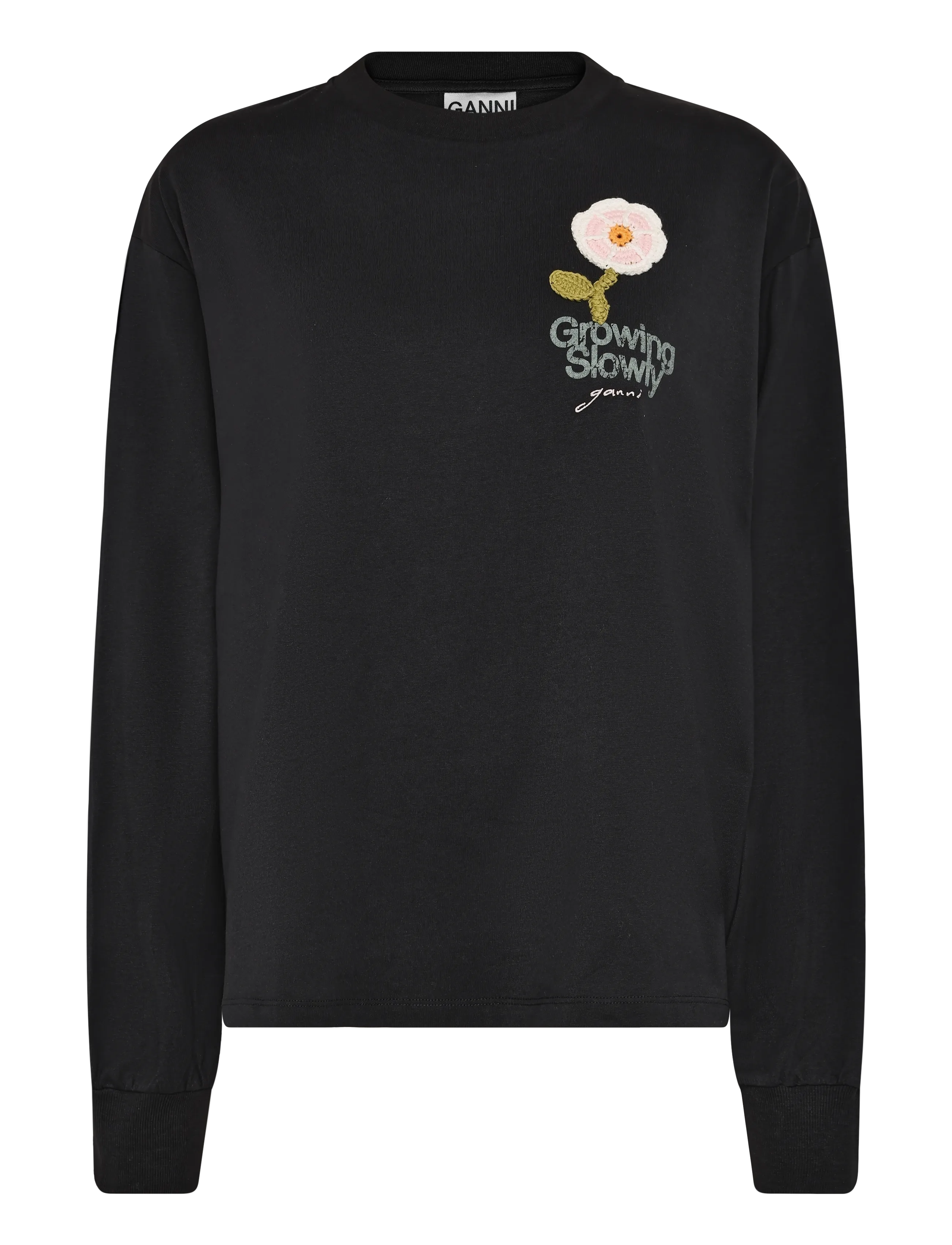 Ganni - T-Shirt With Rose - langärmlige tops - grey - 1