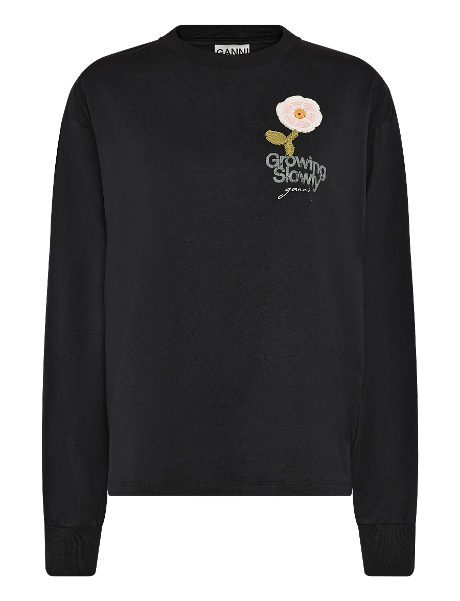 Ganni - T-Shirt With Rose - langärmlige tops - grey - 1