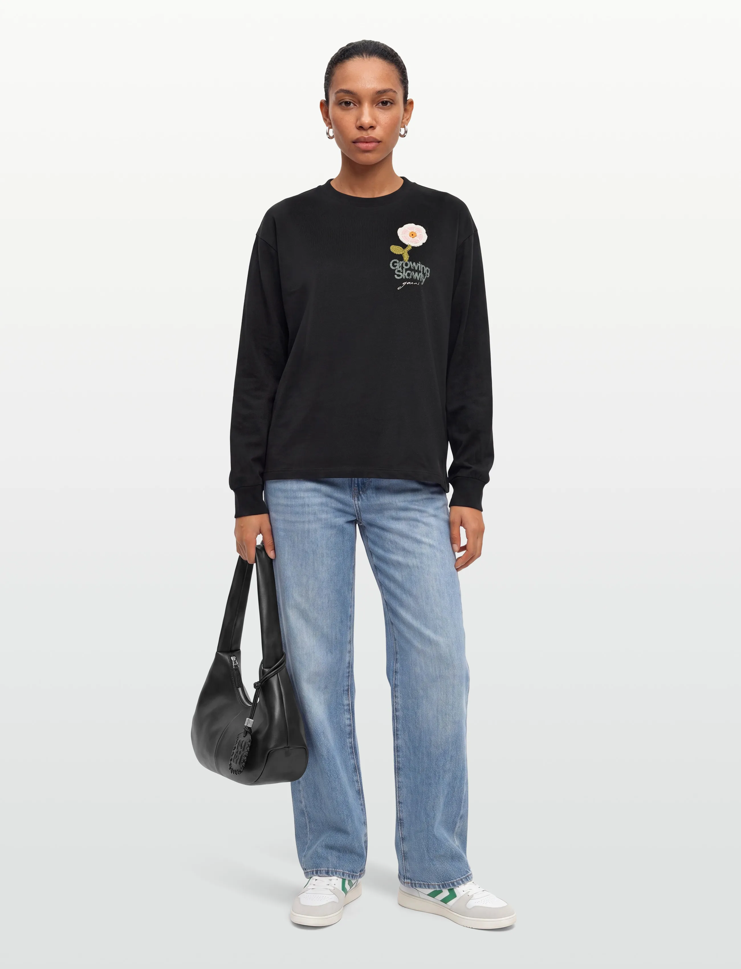Ganni T-Shirt With Rose, M, Grey, T-Shirts & Toppe > Langærmede, Dame