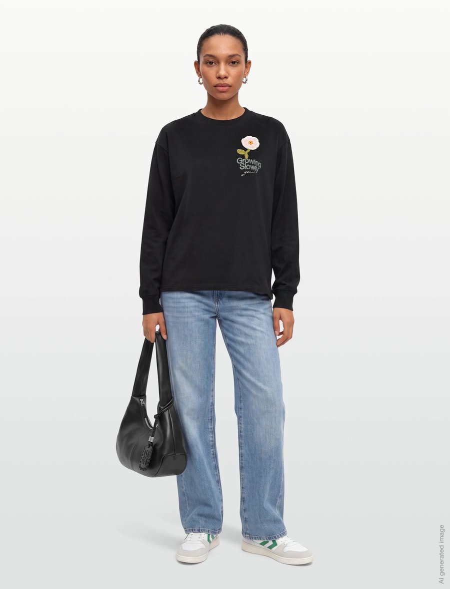 Ganni - T-Shirt With Rose - langärmlige tops - grey - 0